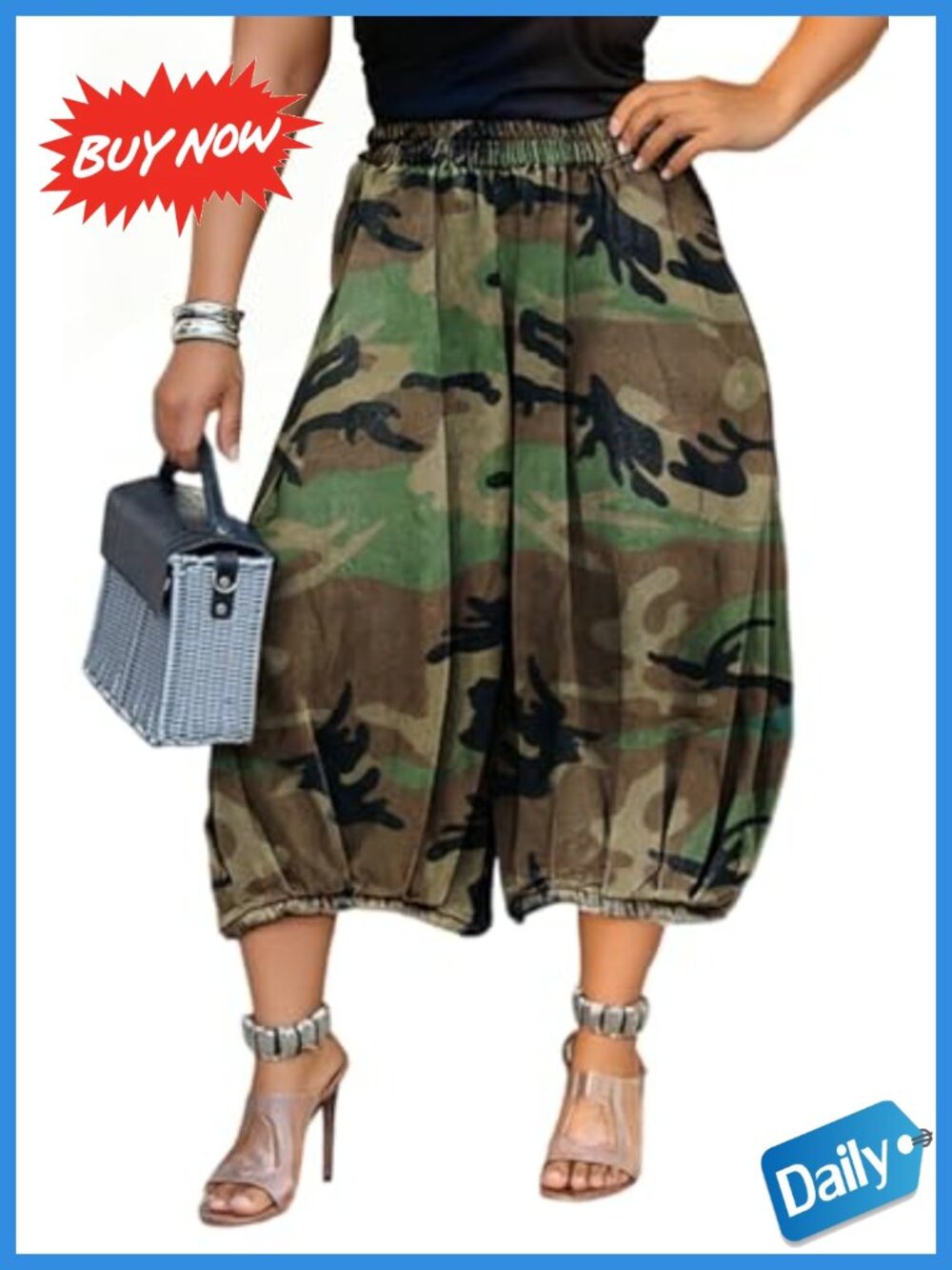 Womens Baggy Camo Cargo Jeans High Rise Wide Leg Cropped Elastic Waist